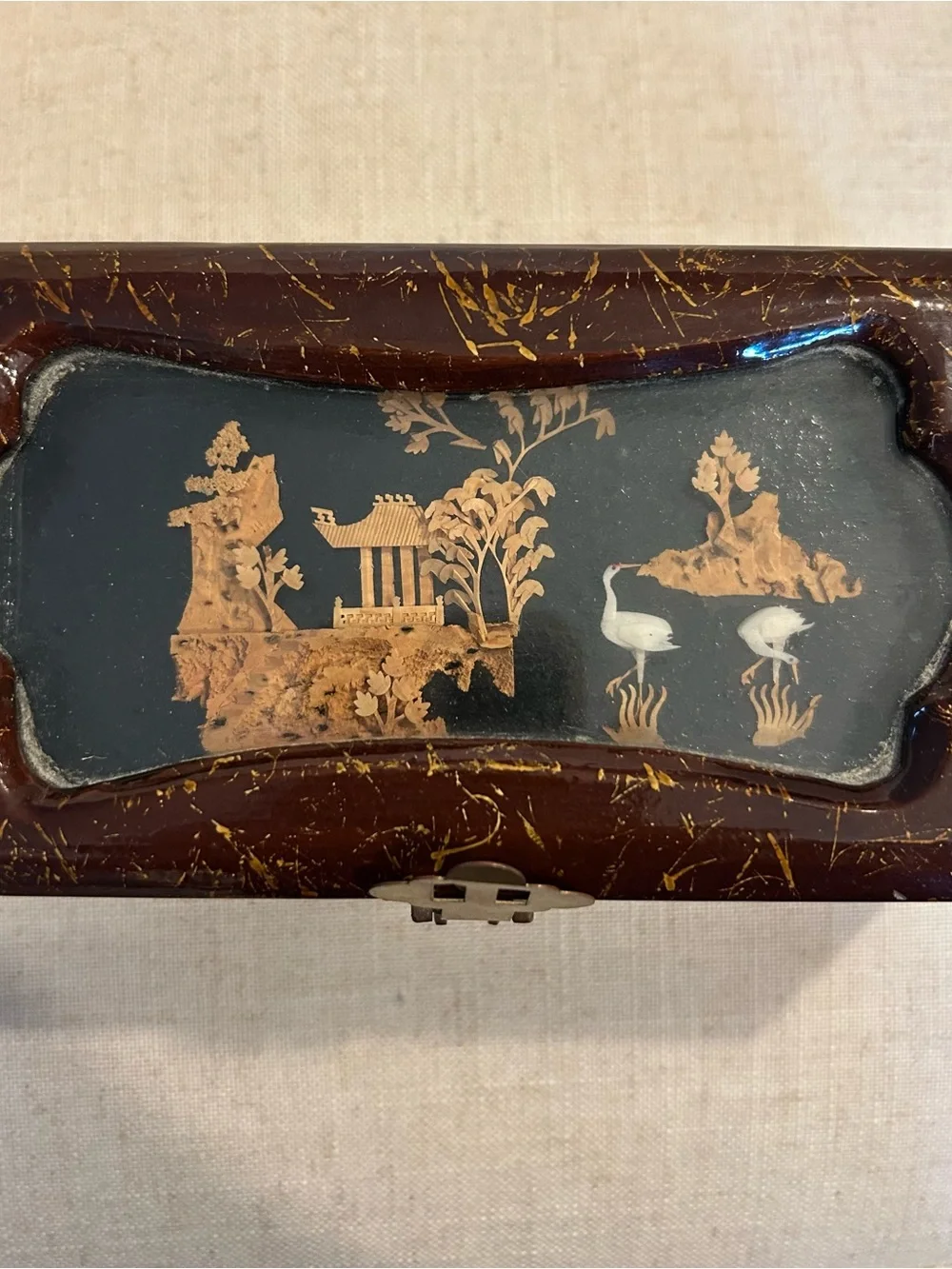 Mid Century Asian Jewelry Box, Pagoda Diorama Cork Art